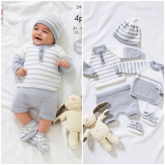 DIGITAL Knitting Pattern Baby Striped Hat Jumpers Bootees & Pants 4ply King Cole 5981