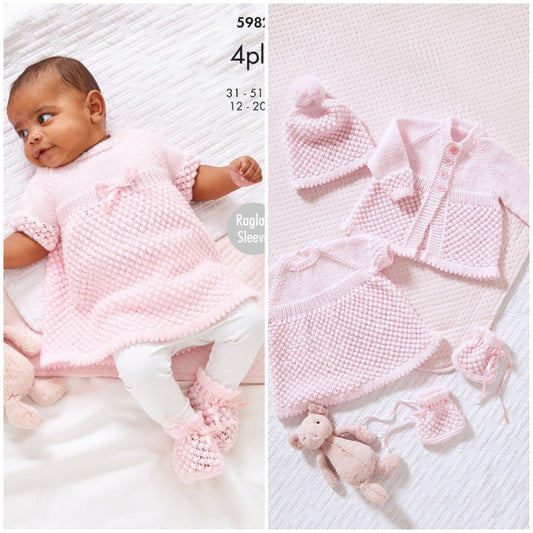 DIGITAL Knitting Pattern Baby Matinee Coat Hat Angel Top & Bootees 4ply King Cole 5982