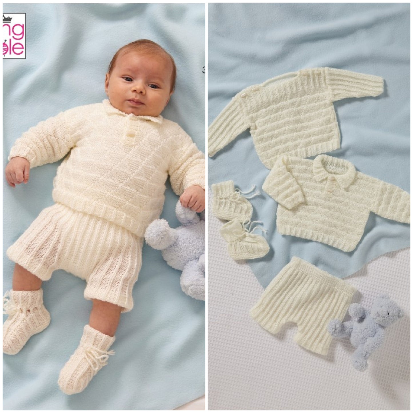 DIGITAL Knitting Pattern Baby 2 Design Jumpers, Shorts and Bootees 4ply King Cole 5985