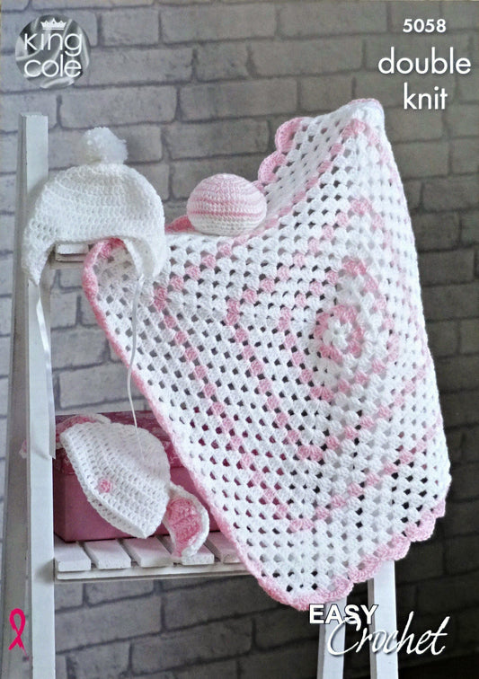 DIGITAL Crochet Pattern Very Easy Granny Squares Baby Blanket 2 Designs Hat and Ball DK King Cole 5058