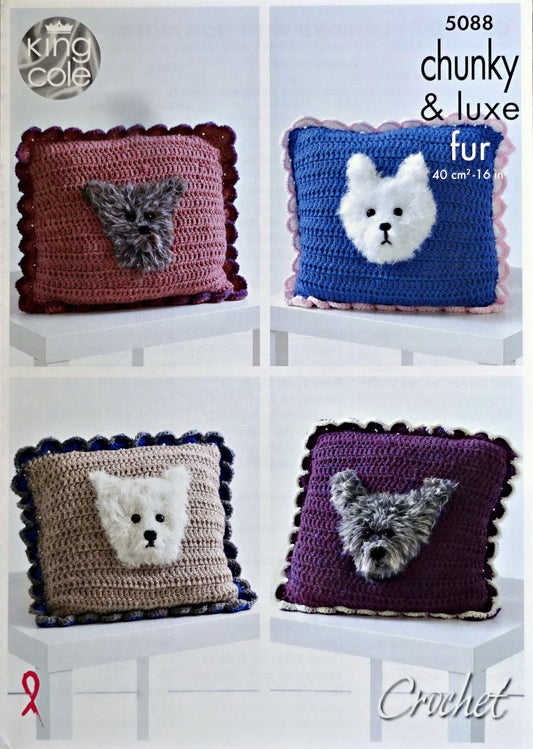 DIGITAL Crochet Pattern Square Frilled Cushion/Pillow with Dog Motif Chunky King Cole 5088