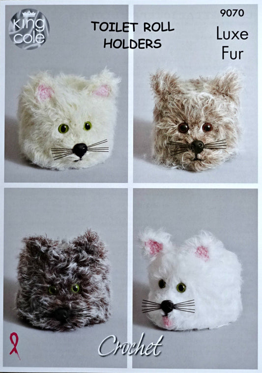 DIGITAL Crochet Pattern Cat Toilet Roll Covers 4 Styles Fur Chunky King Cole 9070