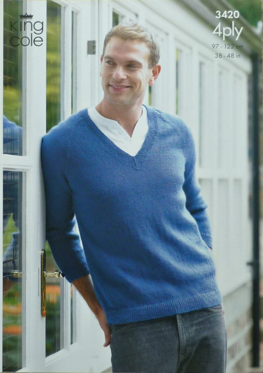 DIGITAL Knitting Pattern Mens V-Neck Jumper and Cardigan 4ply King Cole 3420