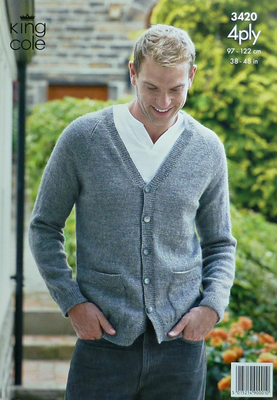 DIGITAL Knitting Pattern Mens V-Neck Jumper and Cardigan 4ply King Cole 3420