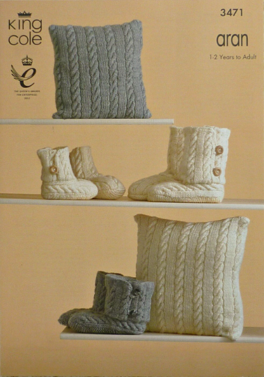 DIGITAL Knitting Pattern Childrens/Adults Hug Slippers & 2 Styles Cushion Aran King Cole 3471