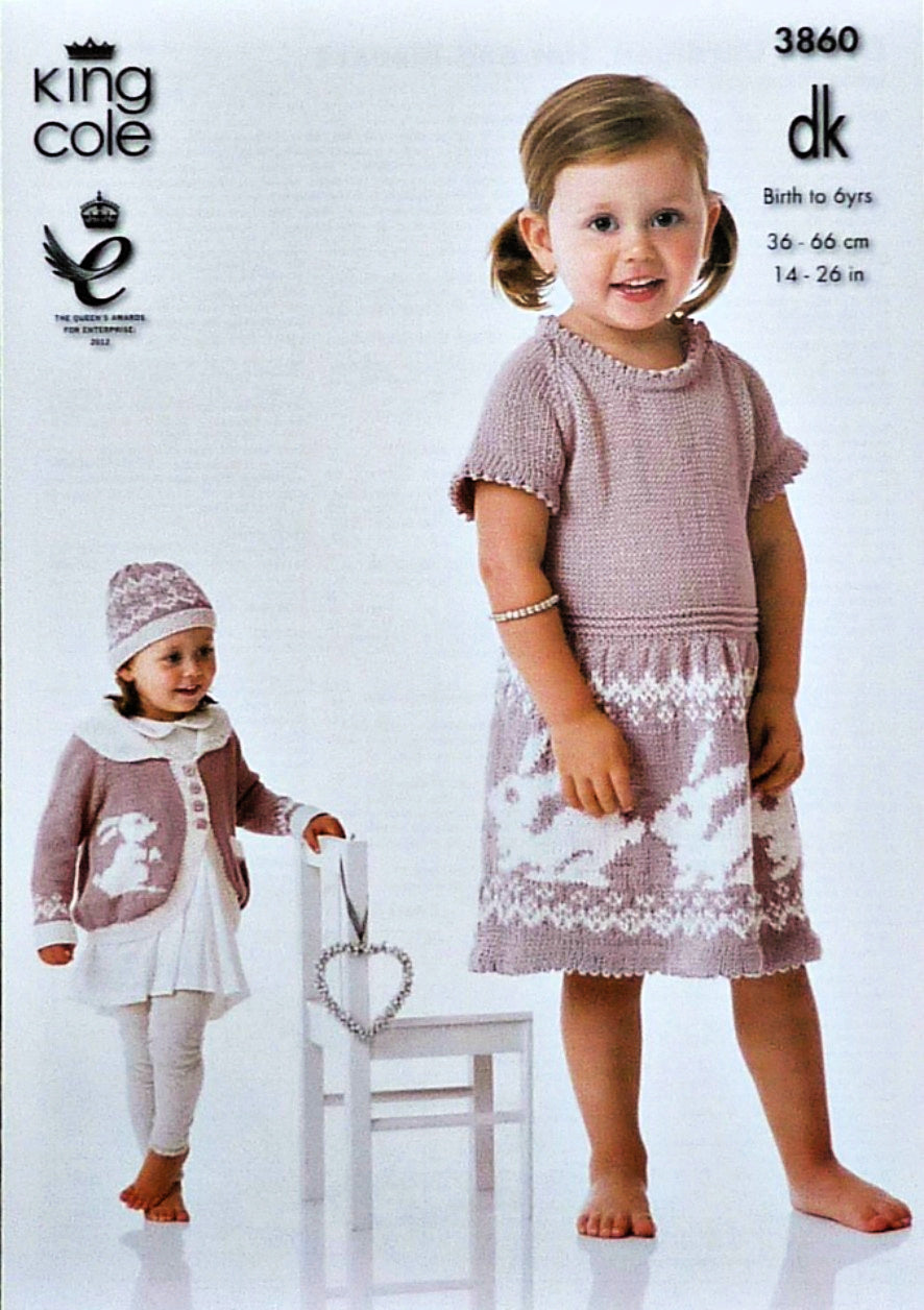 DIGITAL Knitting Pattern Girls Rabbit Dress, Hat, Blanket & Jacket DK King Cole 3860