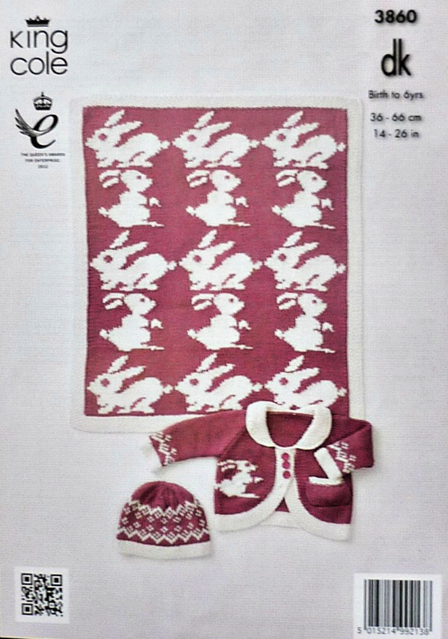 DIGITAL Knitting Pattern Girls Rabbit Dress, Hat, Blanket & Jacket DK King Cole 3860