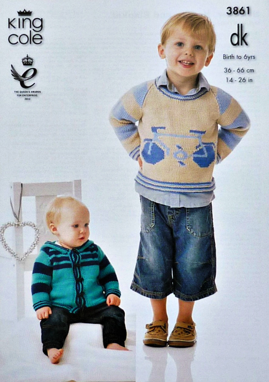 DIGITAL Knitting Pattern Children's Bicycle Jumper, Striped Blanket & Hooded Jacket DK King Cole 3861