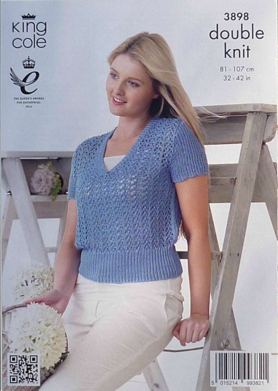 DIGITAL Knitting Pattern Ladies Round or V-Neck Lacy Jumpers Cotton DK King Cole 3898