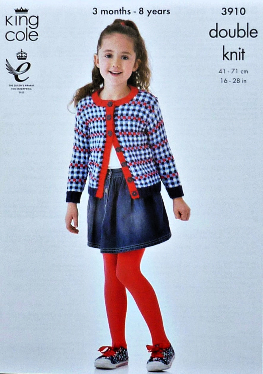 DIGITAL Knitting Pattern Childrens Checked Cardigan and Jumper DK King Cole 3910