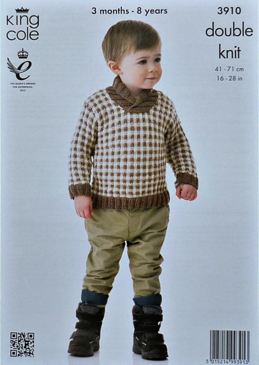 DIGITAL Knitting Pattern Childrens Checked Cardigan and Jumper DK King Cole 3910