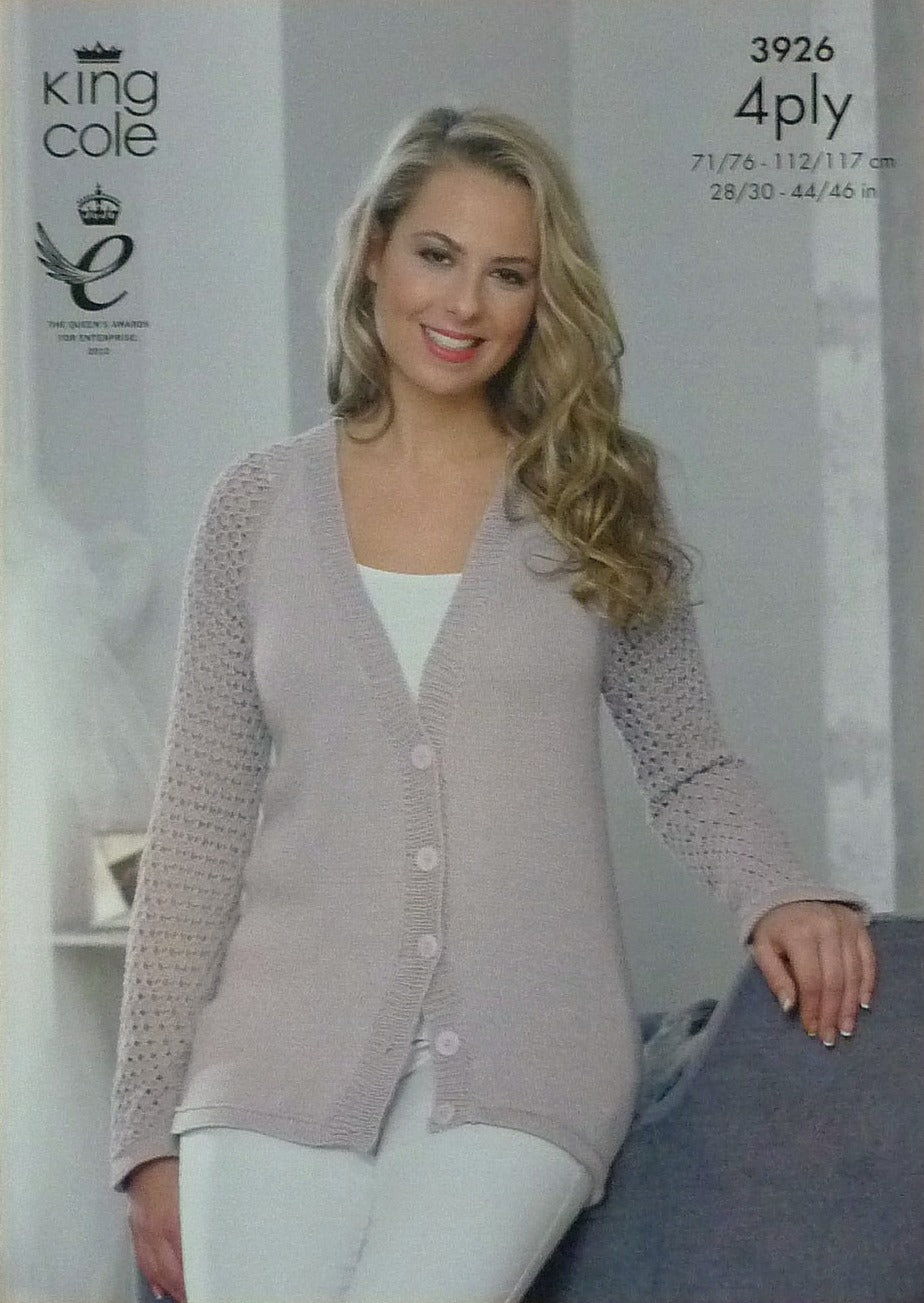 DIGITAL Knitting Pattern Ladies Lace Sleeve Cardigans Bamboo 4ply King Cole 3926