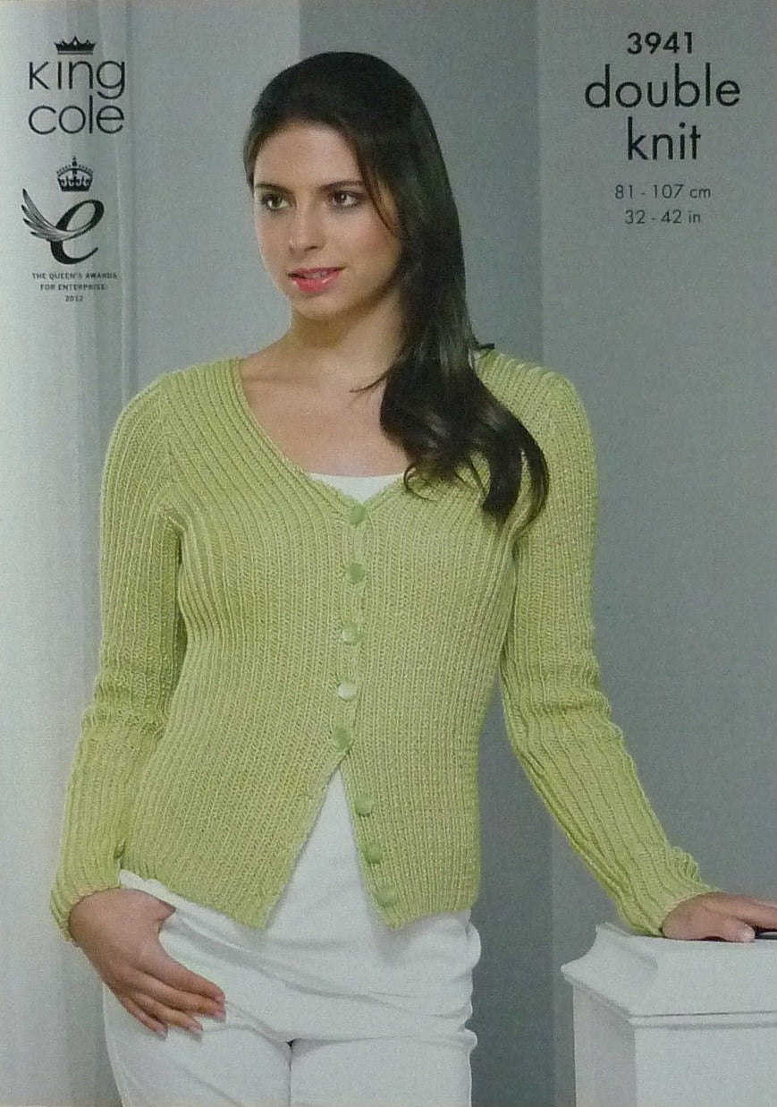 DIGITAL Knitting Pattern Ladies Skinny Rib Jumper and Cardigan Smooth DK King Cole 3941