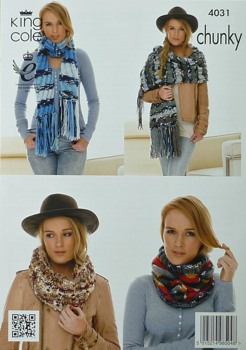 DIGITAL Knitting Pattern Ladies Snoods, Scarf & Shawl Chunky King Cole 4031