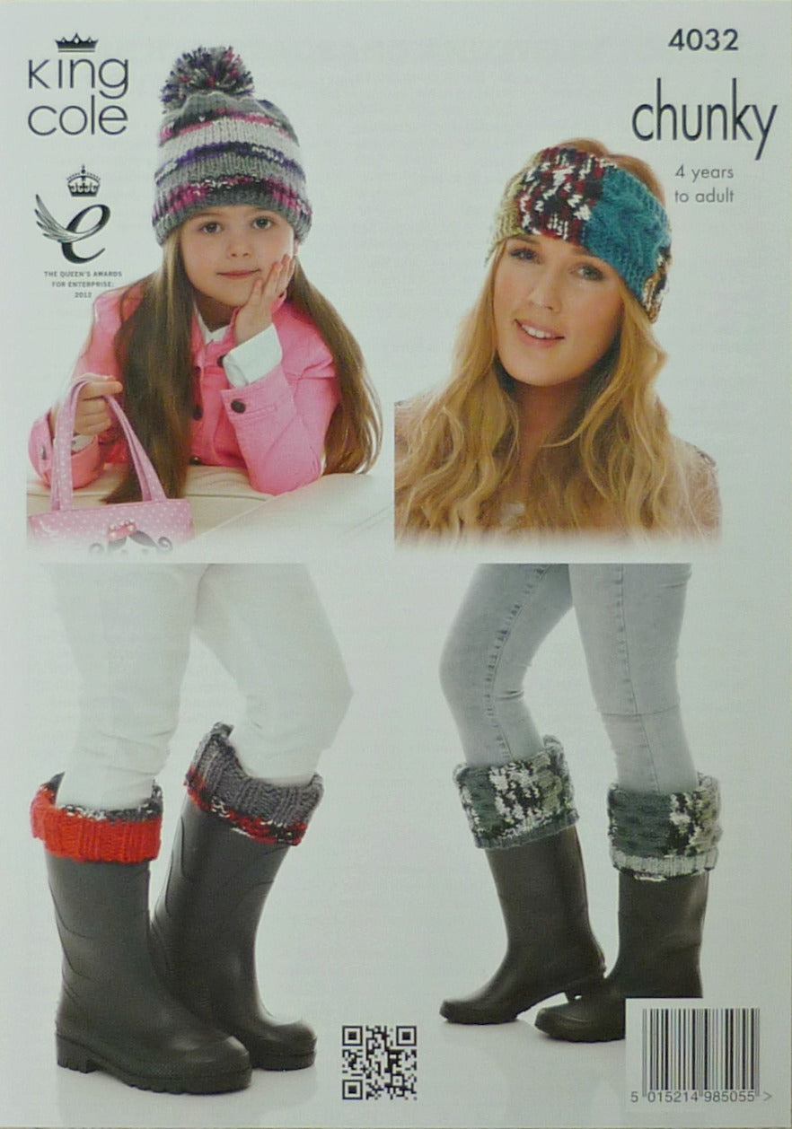 DIGITAL Knitting Pattern Ladies/Childrens Hat, Headband, Scarf & Welly Toppers Chunky King Cowl 4032