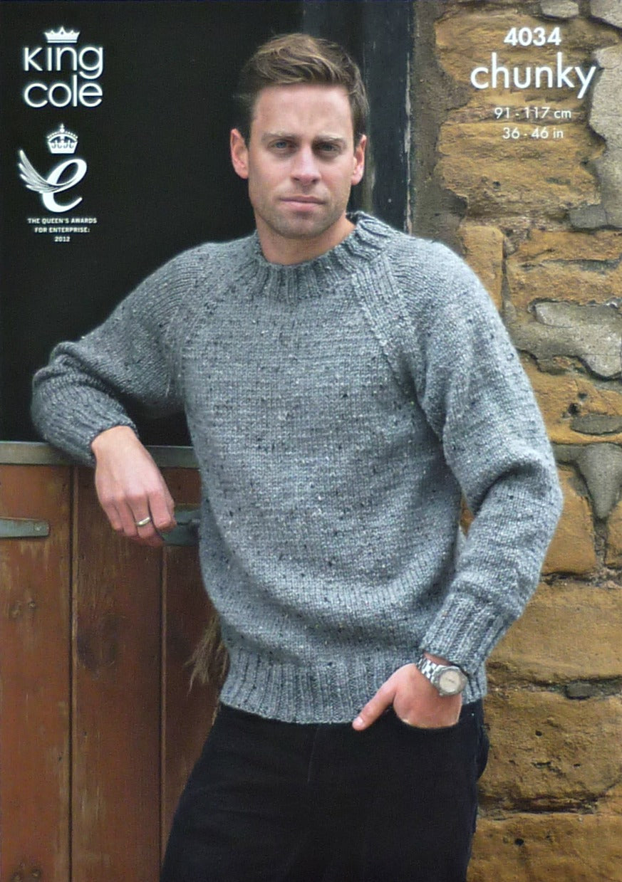 DIGITAL Knitting Pattern Mens Easy Knit Long Sleeve Jumper & Jacket Chunky King Cole 4034