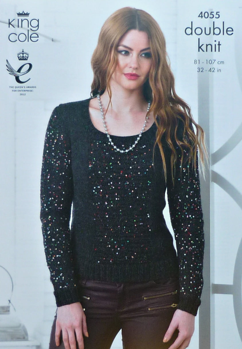 DIGITAL Knitting Pattern Ladies Long or Sleeveless Jumpers with Sequins DK King Cole 4055
