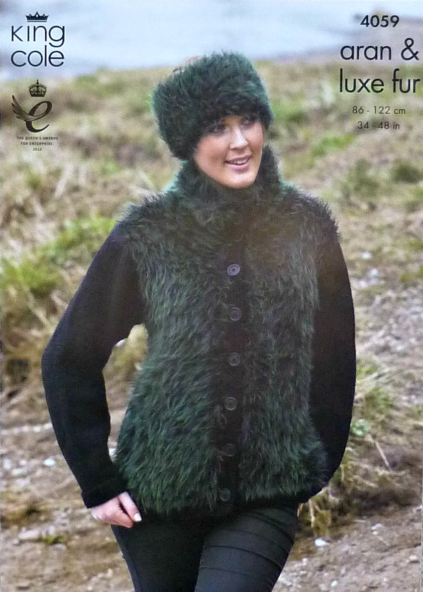 DIGITAL Knitting Pattern Ladies Fur Jackets, Mittens & Headband Aran King Cole 4059