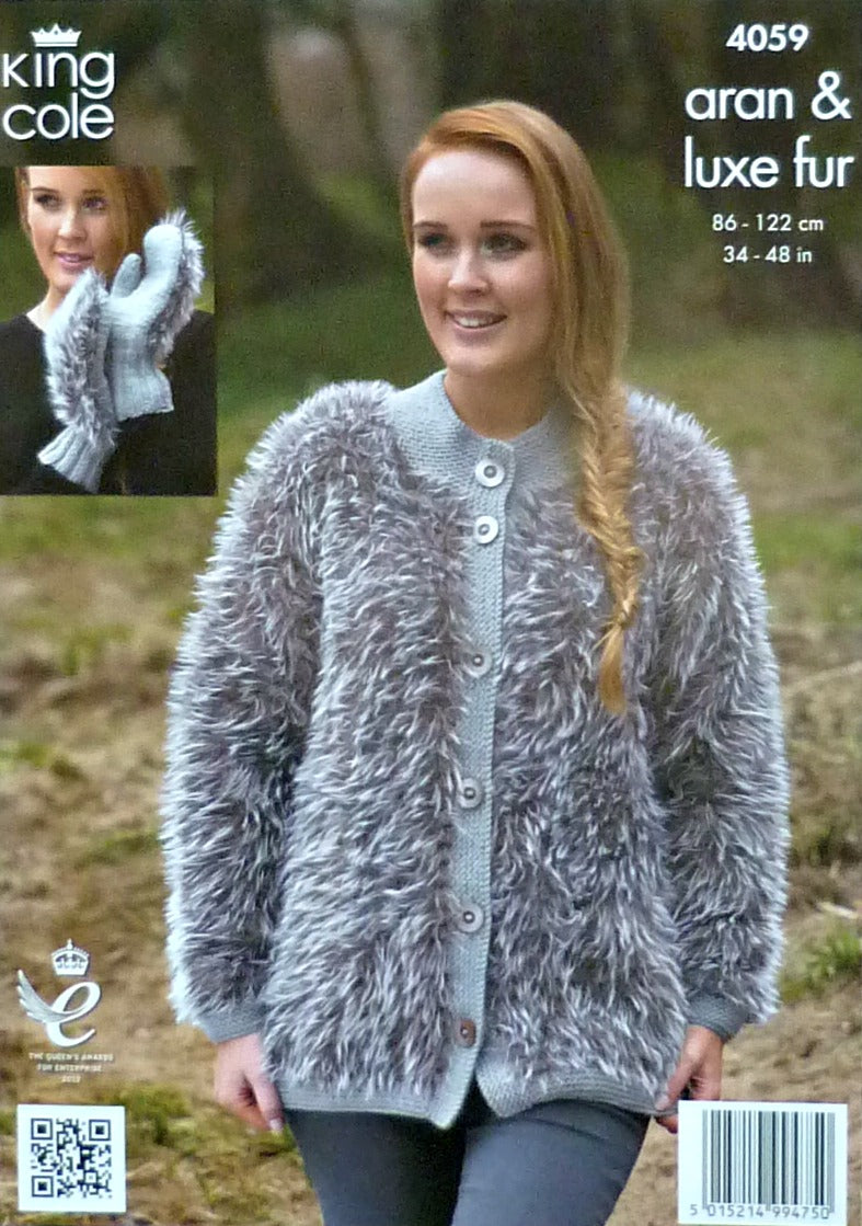 DIGITAL Knitting Pattern Ladies Fur Jackets, Mittens & Headband Aran King Cole 4059