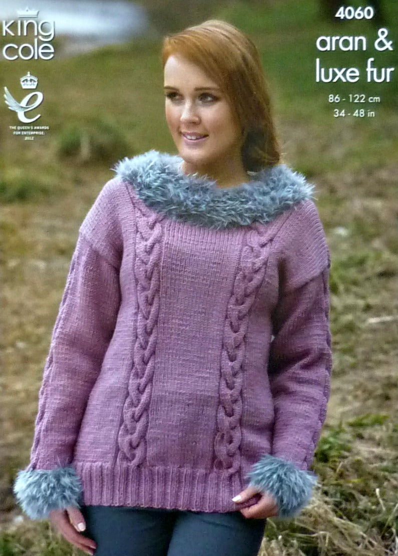 DIGITAL Knitting Pattern Ladies Fur Trimmed Cable Jumper, Hat & Fur Cowl Aran King Cole 4060