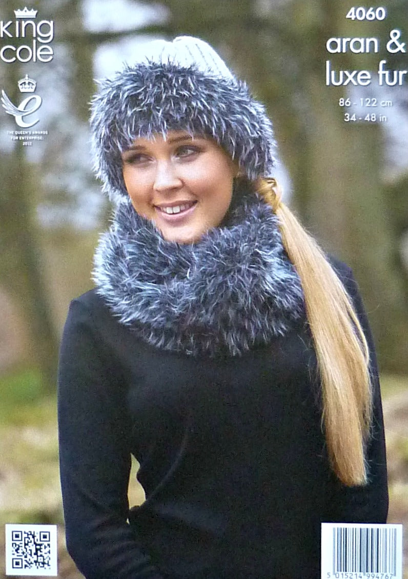 DIGITAL Knitting Pattern Ladies Fur Trimmed Cable Jumper, Hat & Fur Cowl Aran King Cole 4060