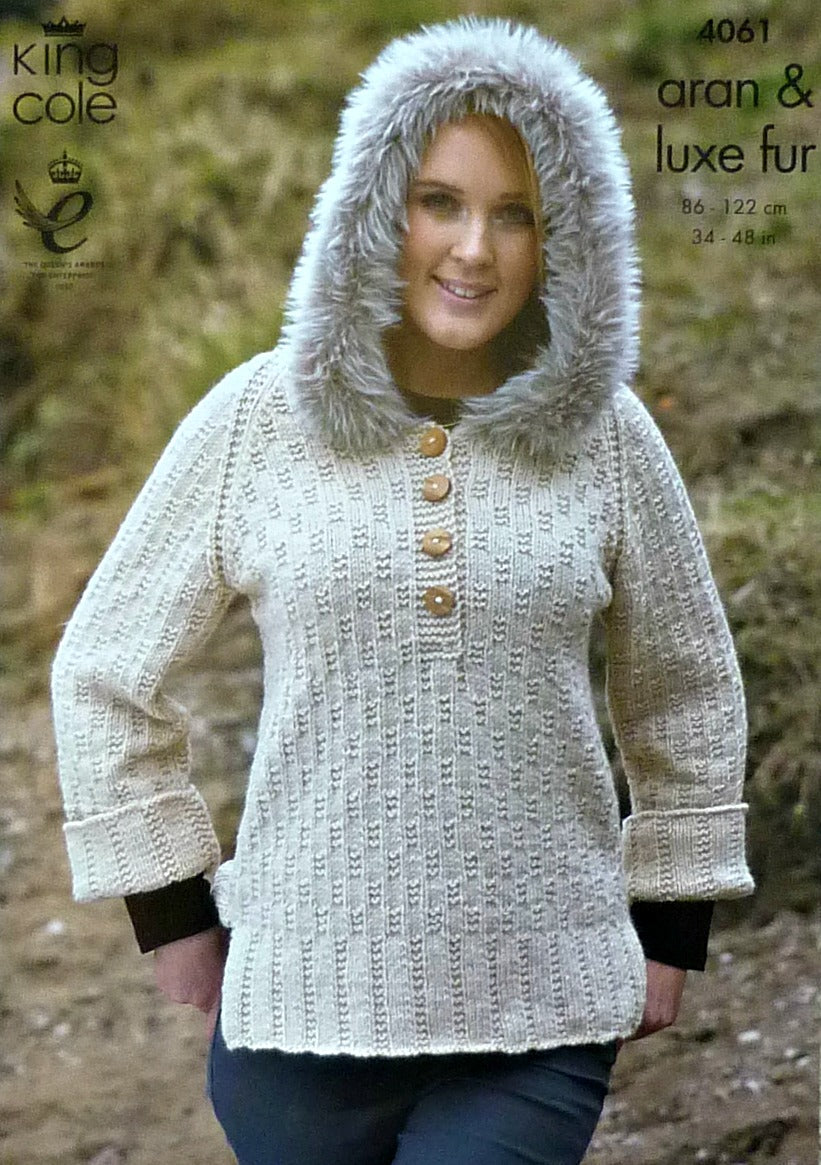 DIGITAL Knitting Pattern Ladies Fur Trimmed Hoodie, Jumper & Fur Cowl Aran King Cole 4061