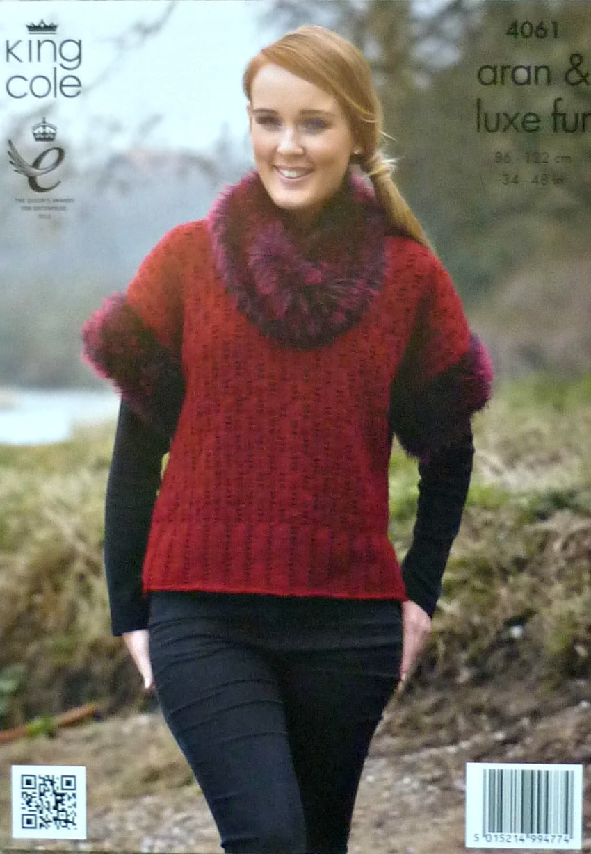 DIGITAL Knitting Pattern Ladies Fur Trimmed Hoodie, Jumper & Fur Cowl Aran King Cole 4061