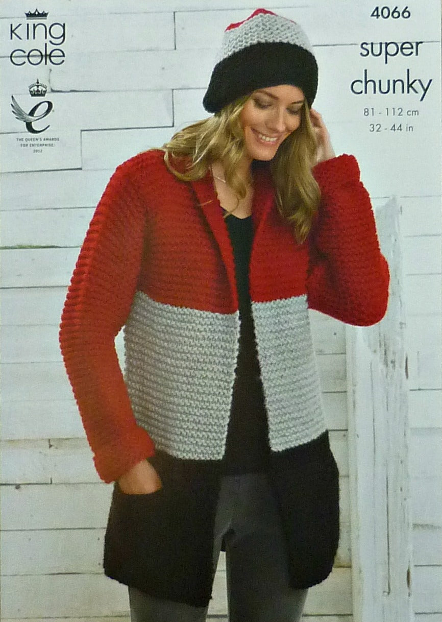 DIGITAL Knitting Pattern Ladies Easy Knit Coat, Hat, Dress and Cowl Collar Super Chunky King Cole 4066