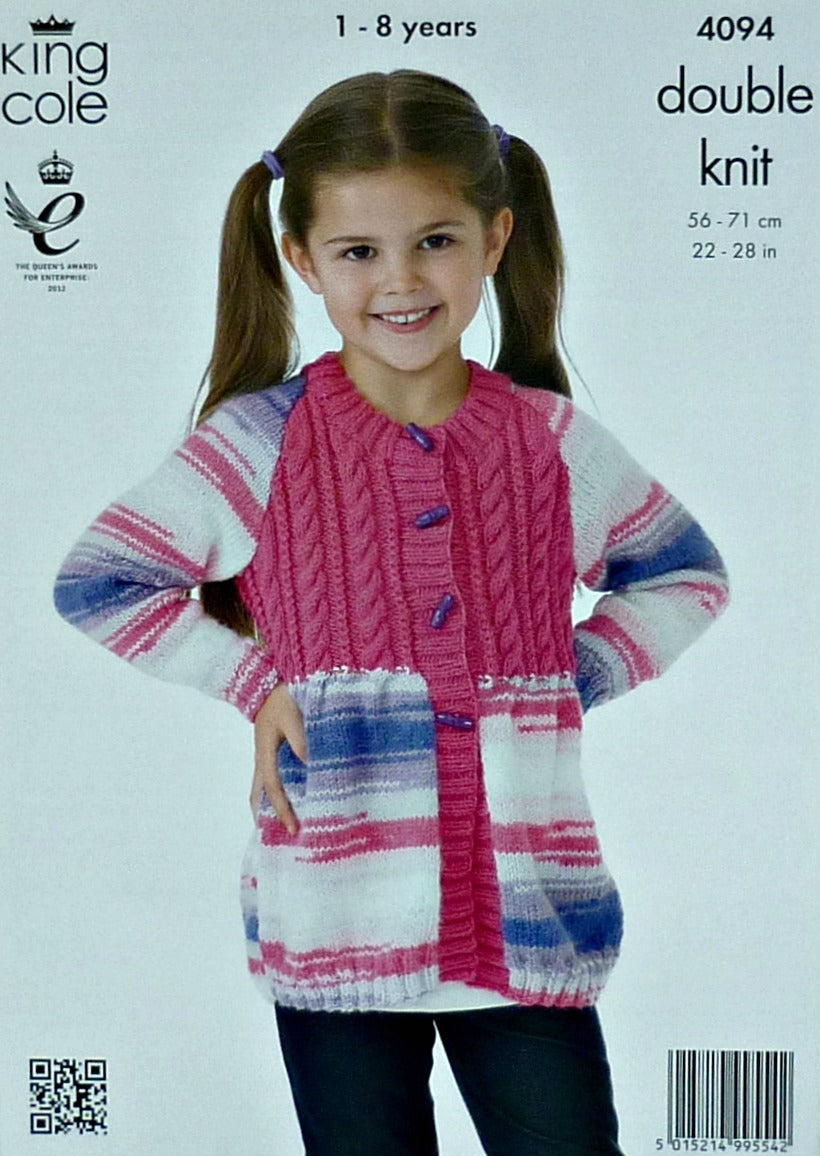 DIGITAL Knitting Pattern Childrens Cable Yoke Coat and Jumper DK King Cole 4094