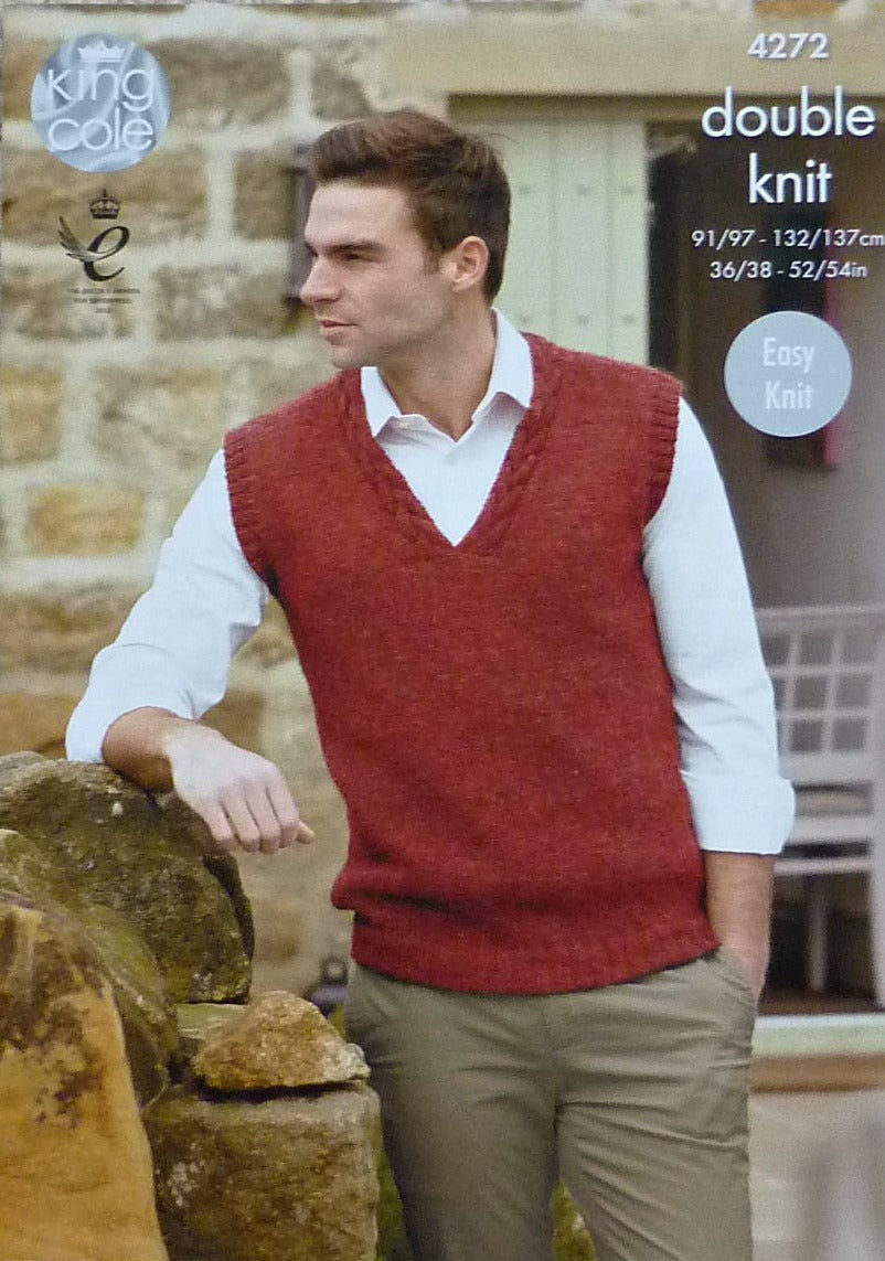 DIGITAL Knitting Pattern Mens Cable V-Neck Jumper and Slipover DK King Cole 4272