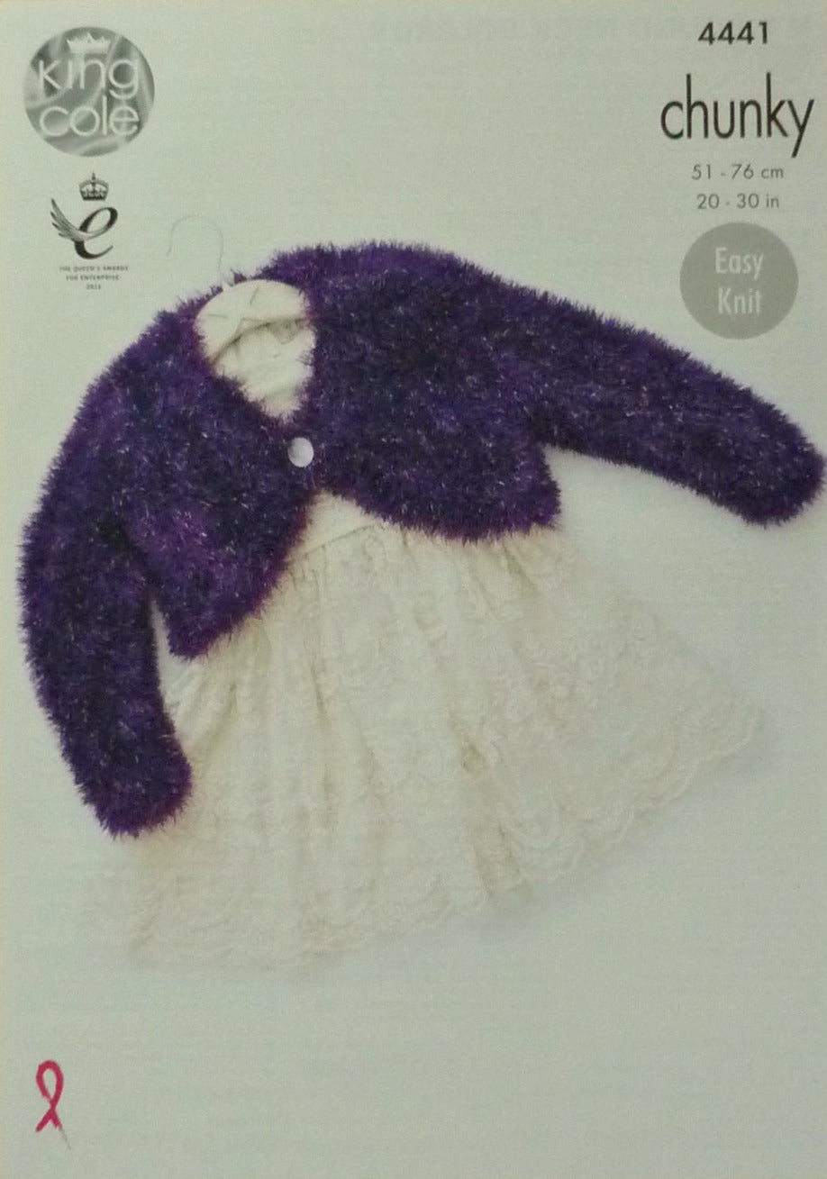 DIGITAL Knitting Pattern Childrens Easy Knit Round or V-Neck Boleros Tinsel Chunky King Cole 4441