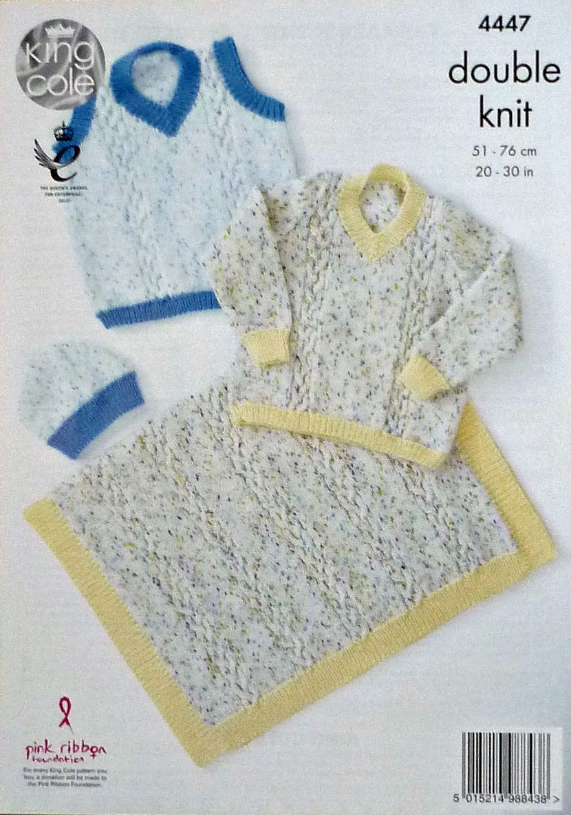 DIGITAL Knitting Pattern Childrens Cable Blanket, Hat & V-Neck Jumpers DK 4447 king Cole