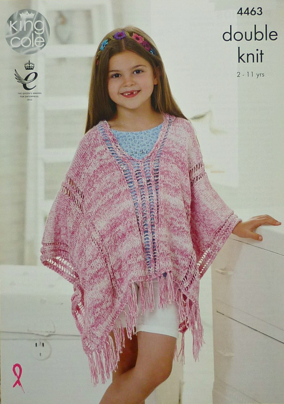 DIGITAL Knitting Pattern Girls Deep Round Neck Ponchos DK King Cole 4463