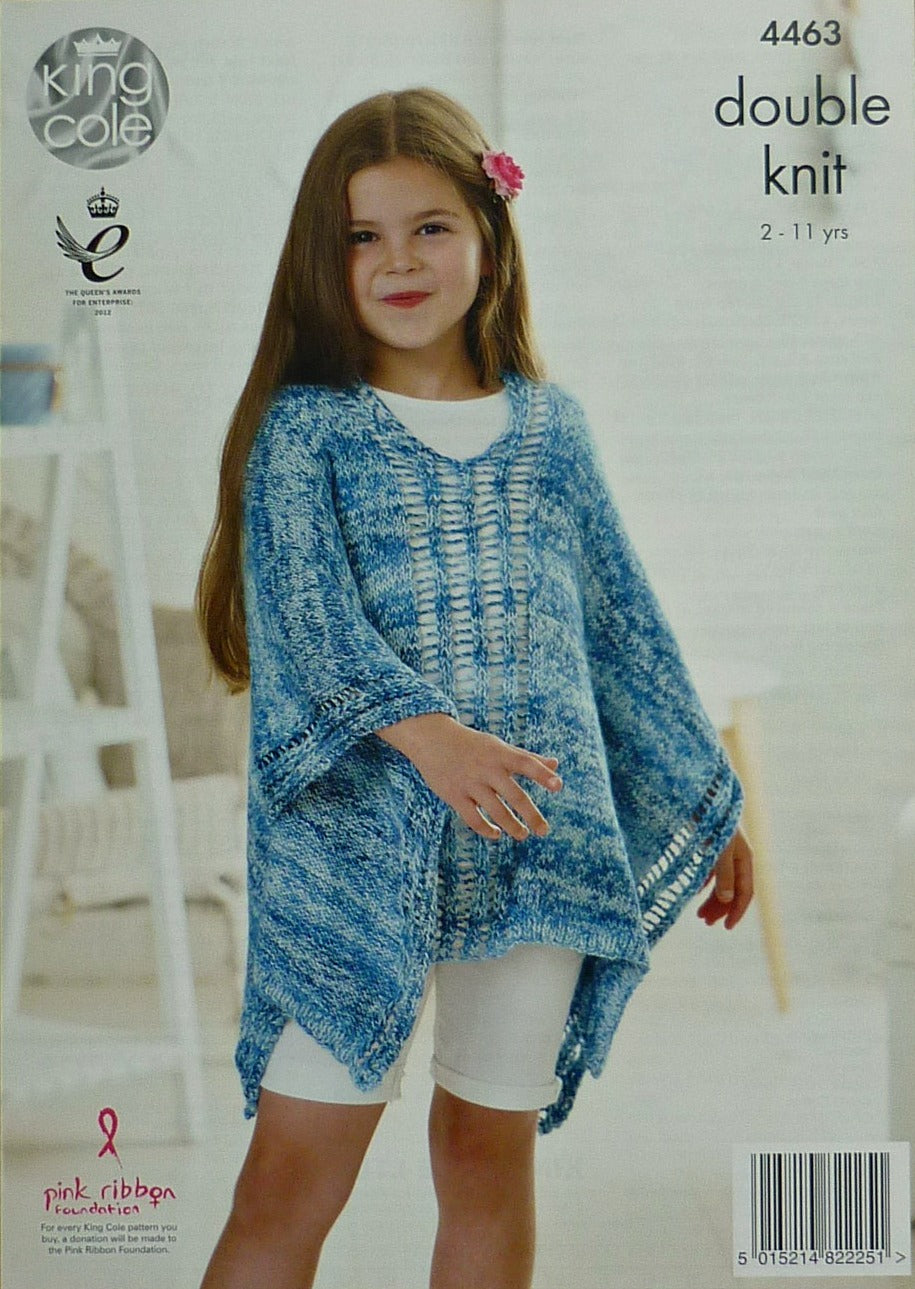 DIGITAL Knitting Pattern Girls Deep Round Neck Ponchos DK King Cole 4463