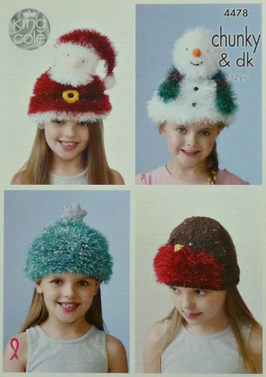 DIGITAL Knitting Pattern Childrens Novelty Christmas Hats 4 styles Chunky King Cole 4478