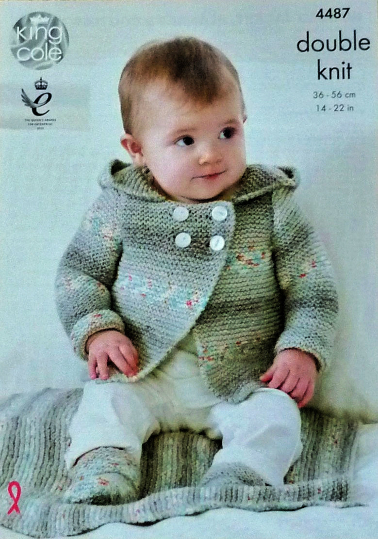 DIGITAL Knitting Pattern Baby Double Breasted Hooded Jacket, Bootees & Blanket DK King Cole 4487