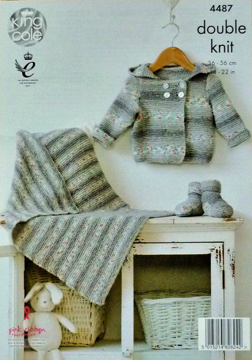 DIGITAL Knitting Pattern Baby Double Breasted Hooded Jacket, Bootees & Blanket DK King Cole 4487