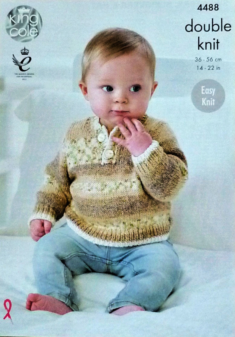 DIGITAL Knitting Pattern Baby Easy Knit Button Neck Jumpers and Hat DK King Cole 4488