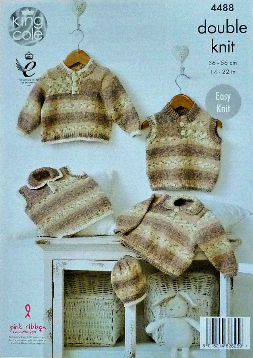 DIGITAL Knitting Pattern Baby Easy Knit Button Neck Jumpers and Hat DK King Cole 4488