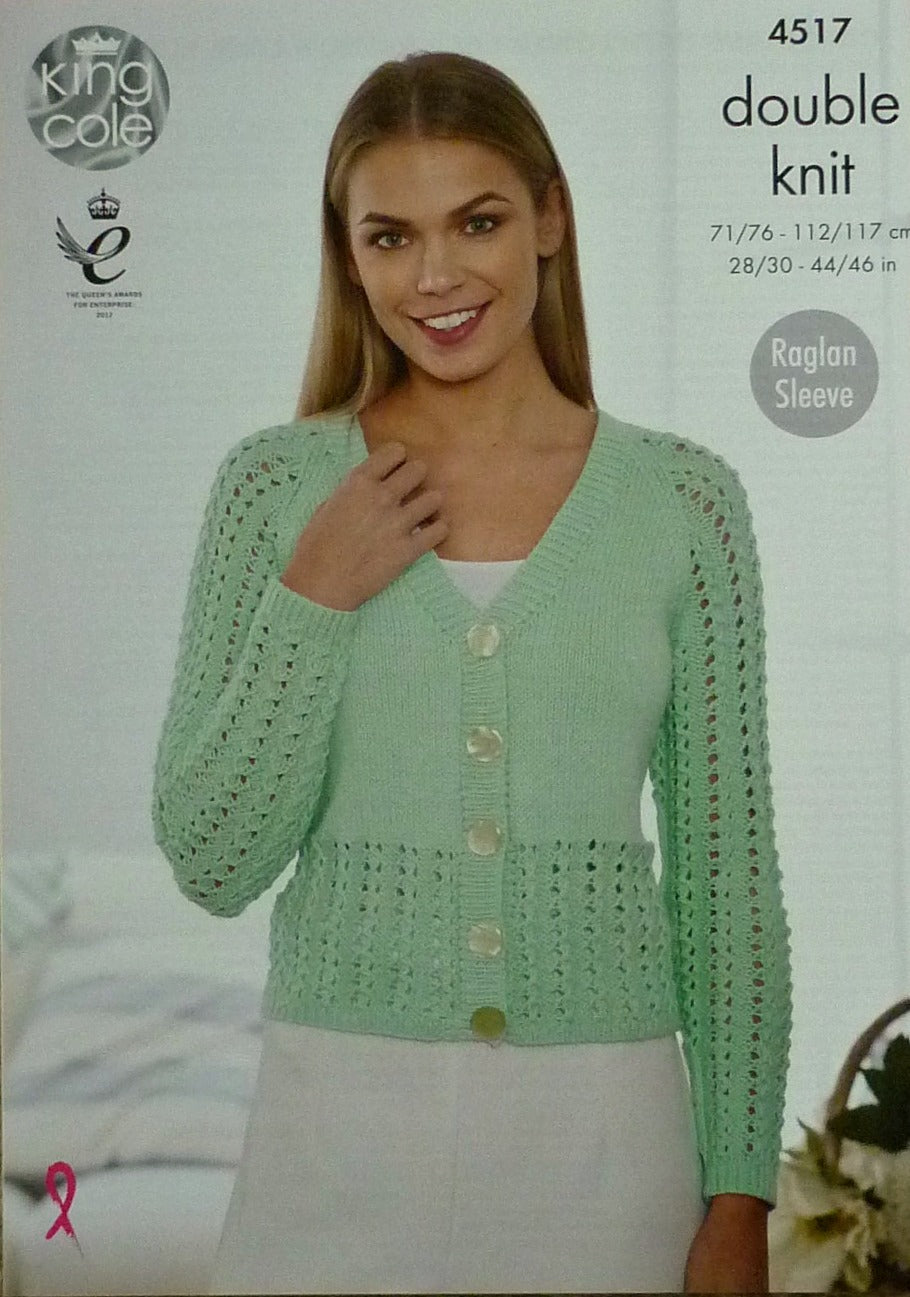 DIGITAL Knitting Pattern Ladies Long/Short Lacy Sleeve V-Neck Cardigan Cottonsoft DK King Cole 4517