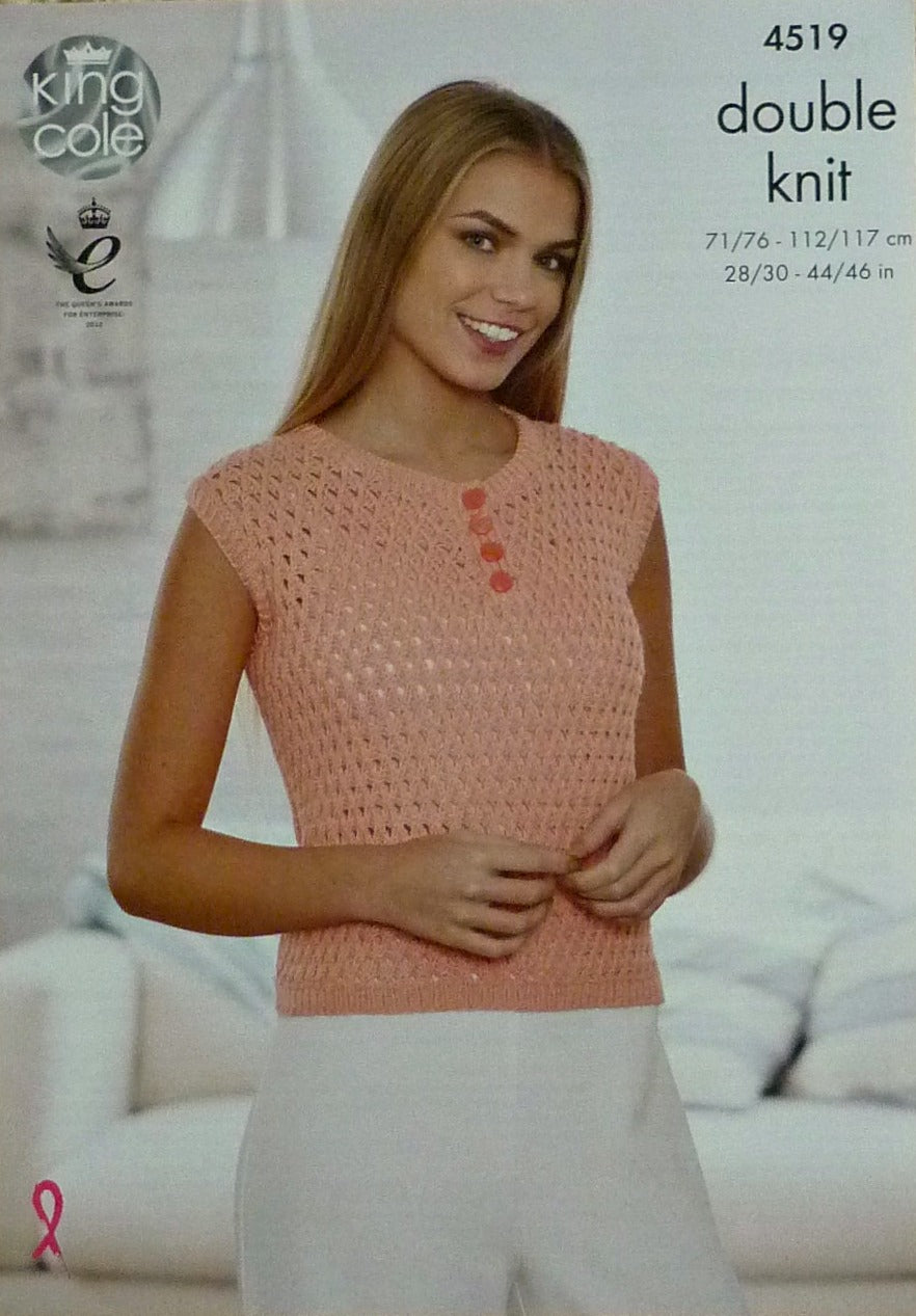 DIGITAL Knitting Pattern Ladies Button Neck Lacy Jumpers Cottonsoft DK King Cole 4519