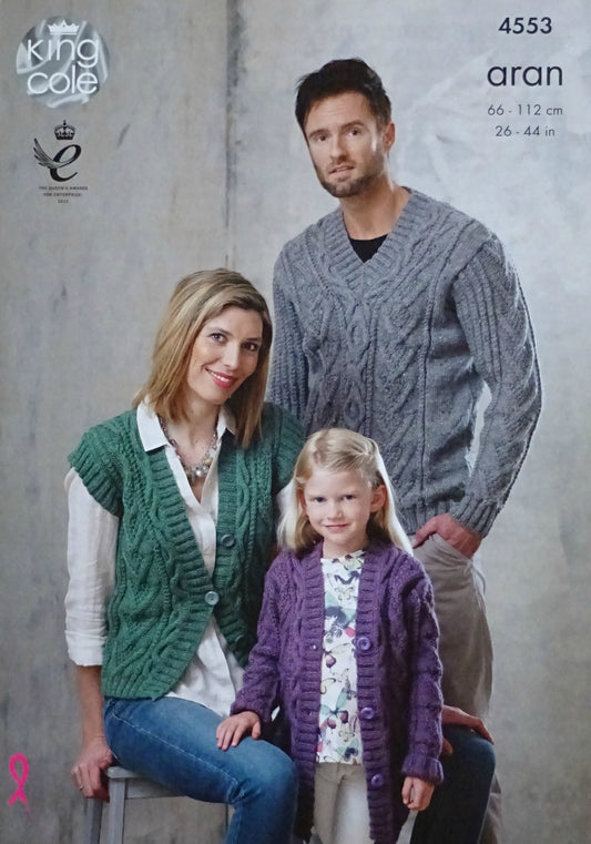 DIGITAL Knitting Pattern Ladies Mens & Childrens Cable Jumper, Cardigan and Waistcoat Aran 4553 King Cole