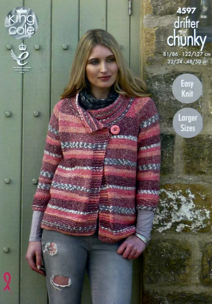 DIGITAL Knitting Pattern Ladies Easy Knit 3/4 or Long Sleeve Button Neck Jacket Chunky 4597