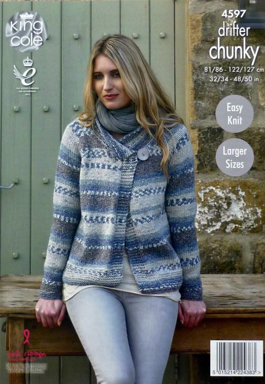 DIGITAL Knitting Pattern Ladies Easy Knit 3/4 or Long Sleeve Button Neck Jacket Chunky 4597