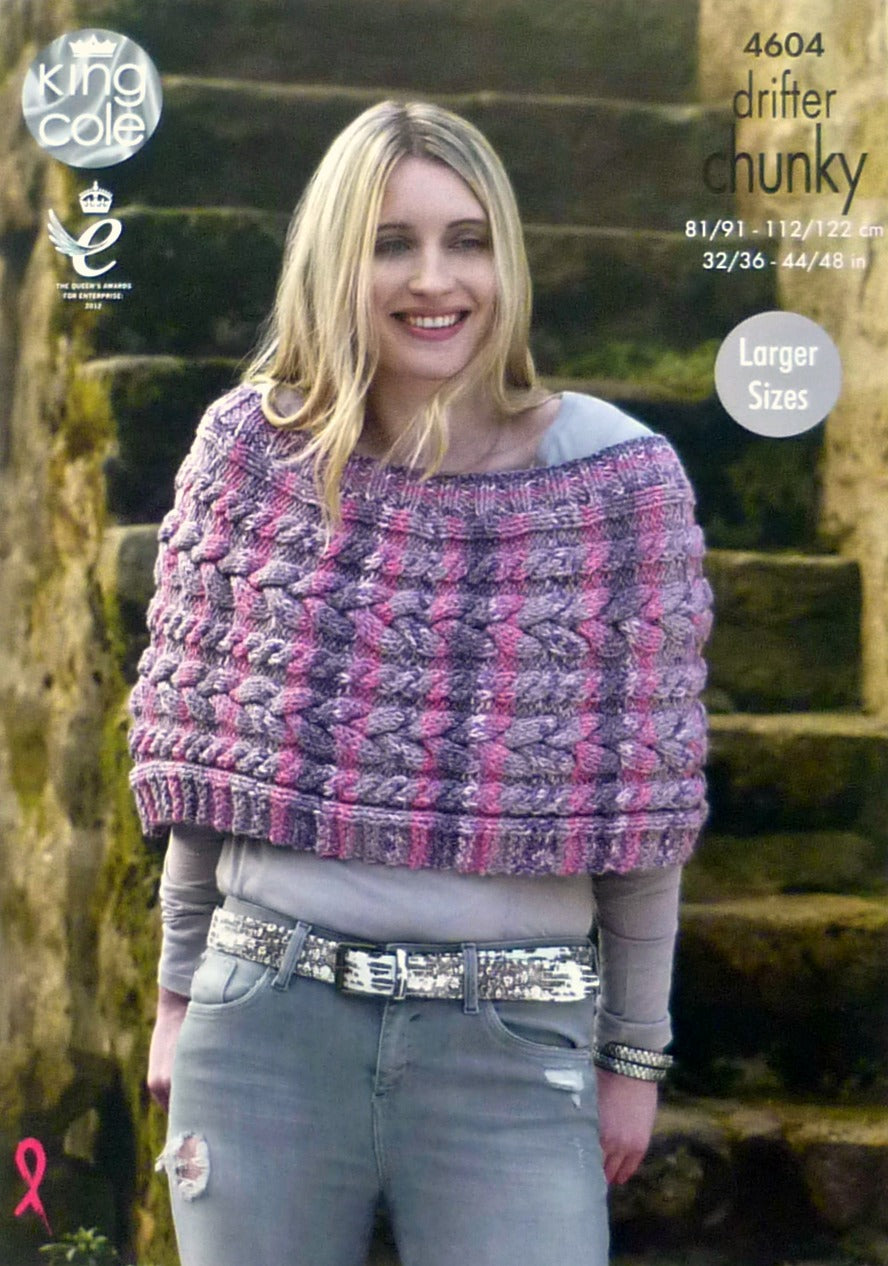 DIGITAL Knitting Pattern Ladies Easy Knit Short Cape/Ponchos Chunky 4604