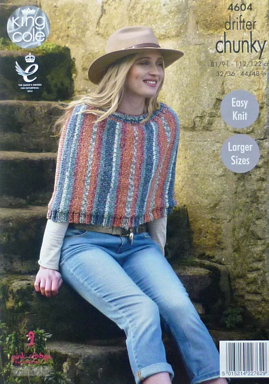 DIGITAL Knitting Pattern Ladies Easy Knit Short Cape/Ponchos Chunky 4604