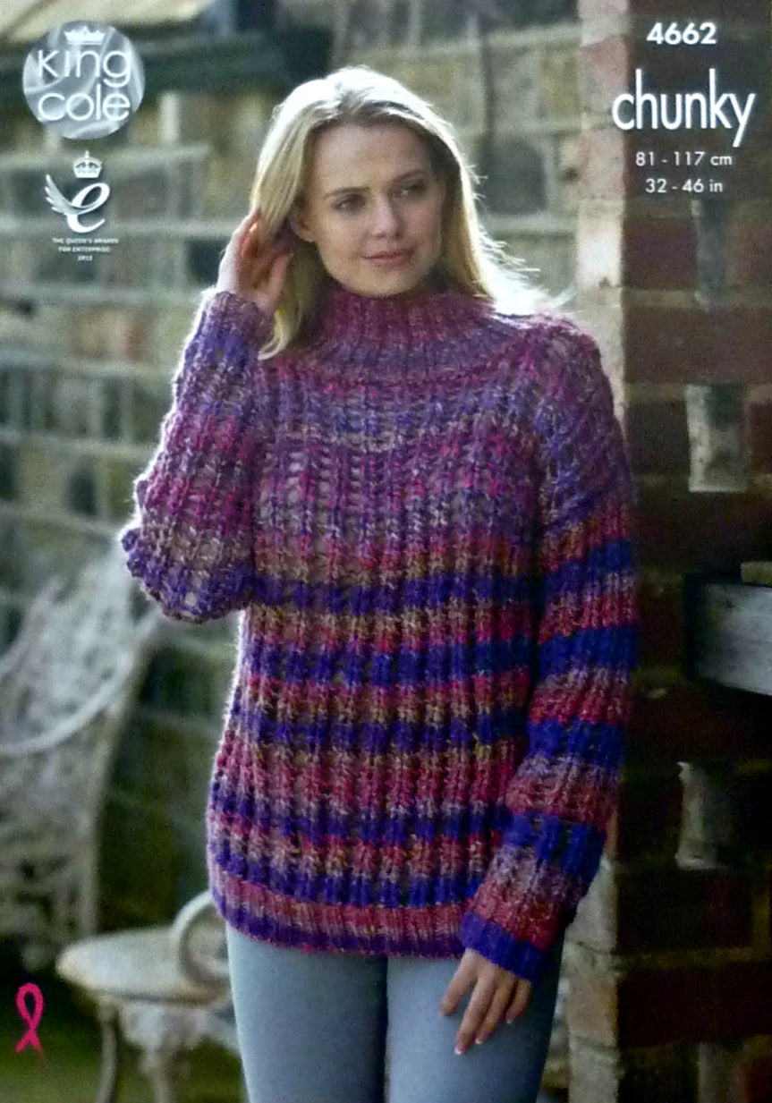 DIGITAL Knitting Pattern Ladies Easy Lace High Neck Jumper and Boat Neck Top Chunky King Cole 4662