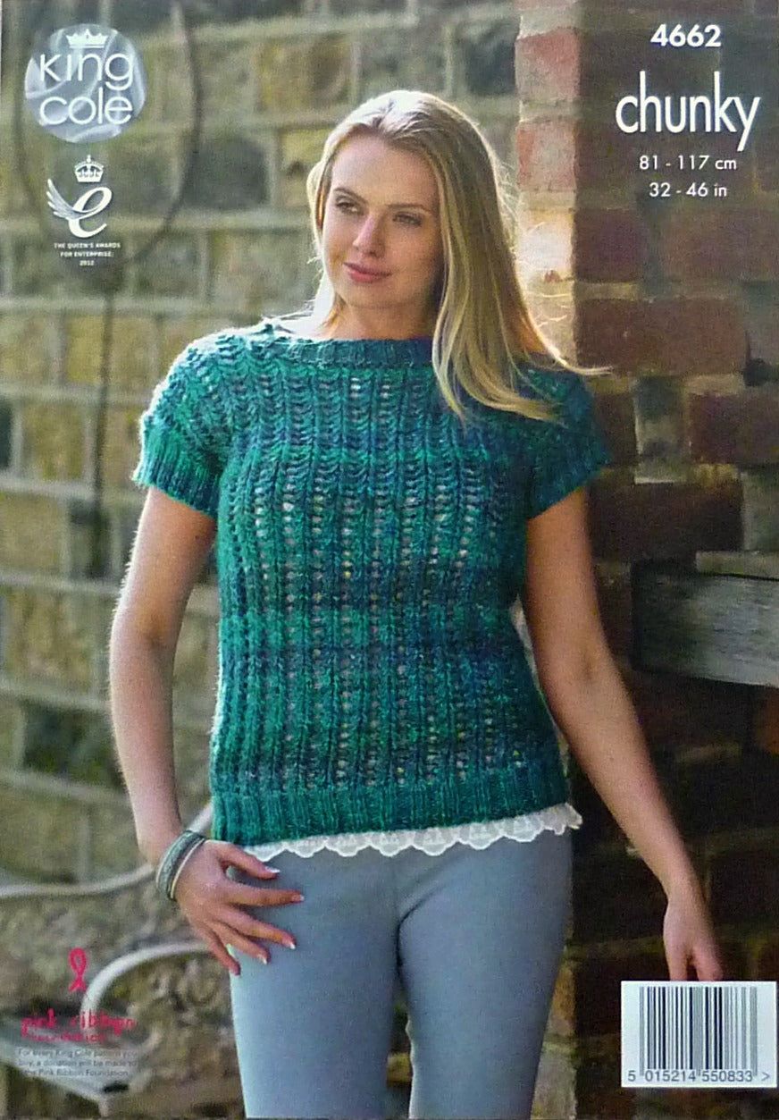 DIGITAL Knitting Pattern Ladies Easy Lace High Neck Jumper and Boat Neck Top Chunky King Cole 4662