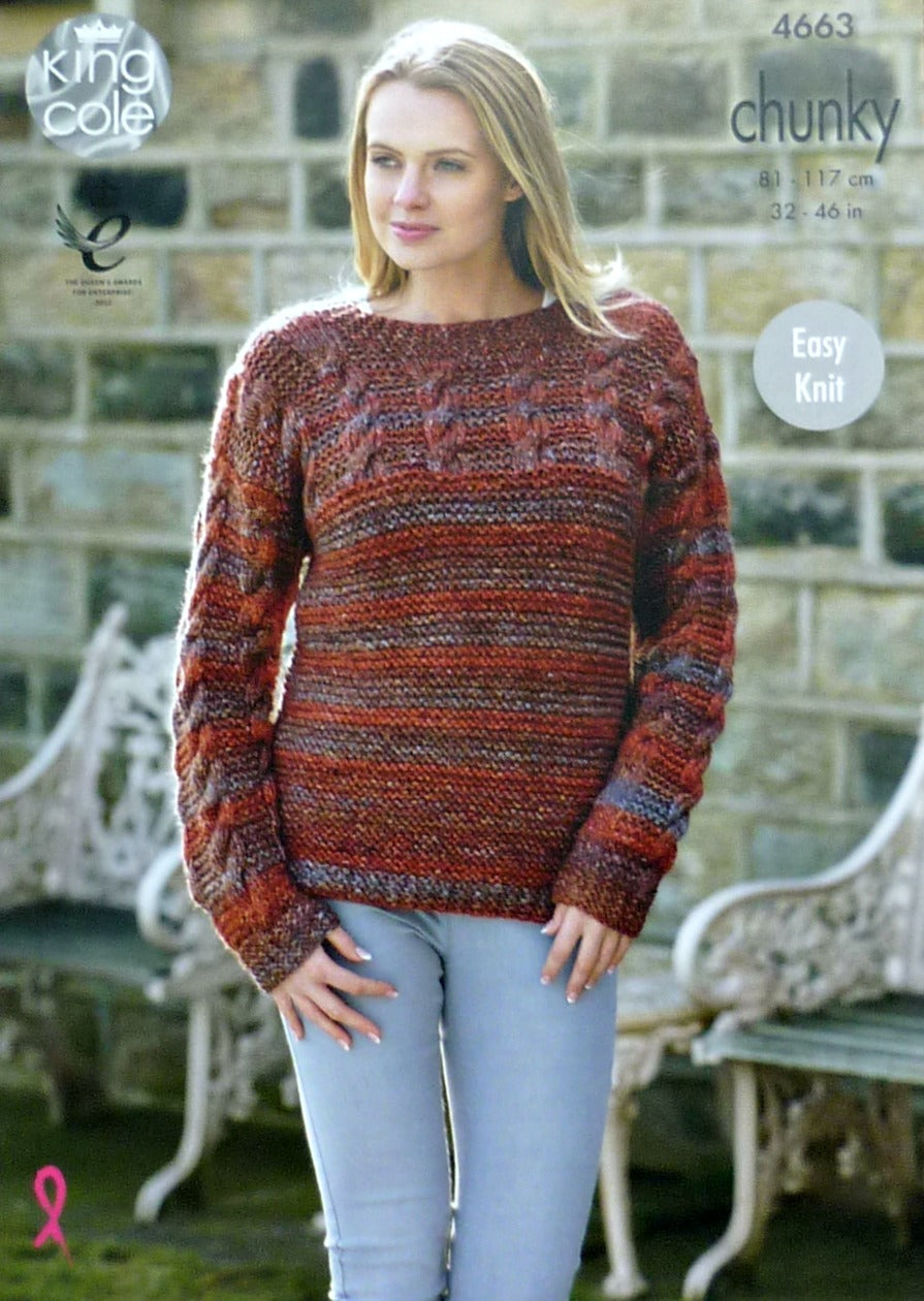 DIGITAL Knitting Pattern Ladies Easy Knit Cable Yoke Cardigan and Jumper Chunky King Cole 4663