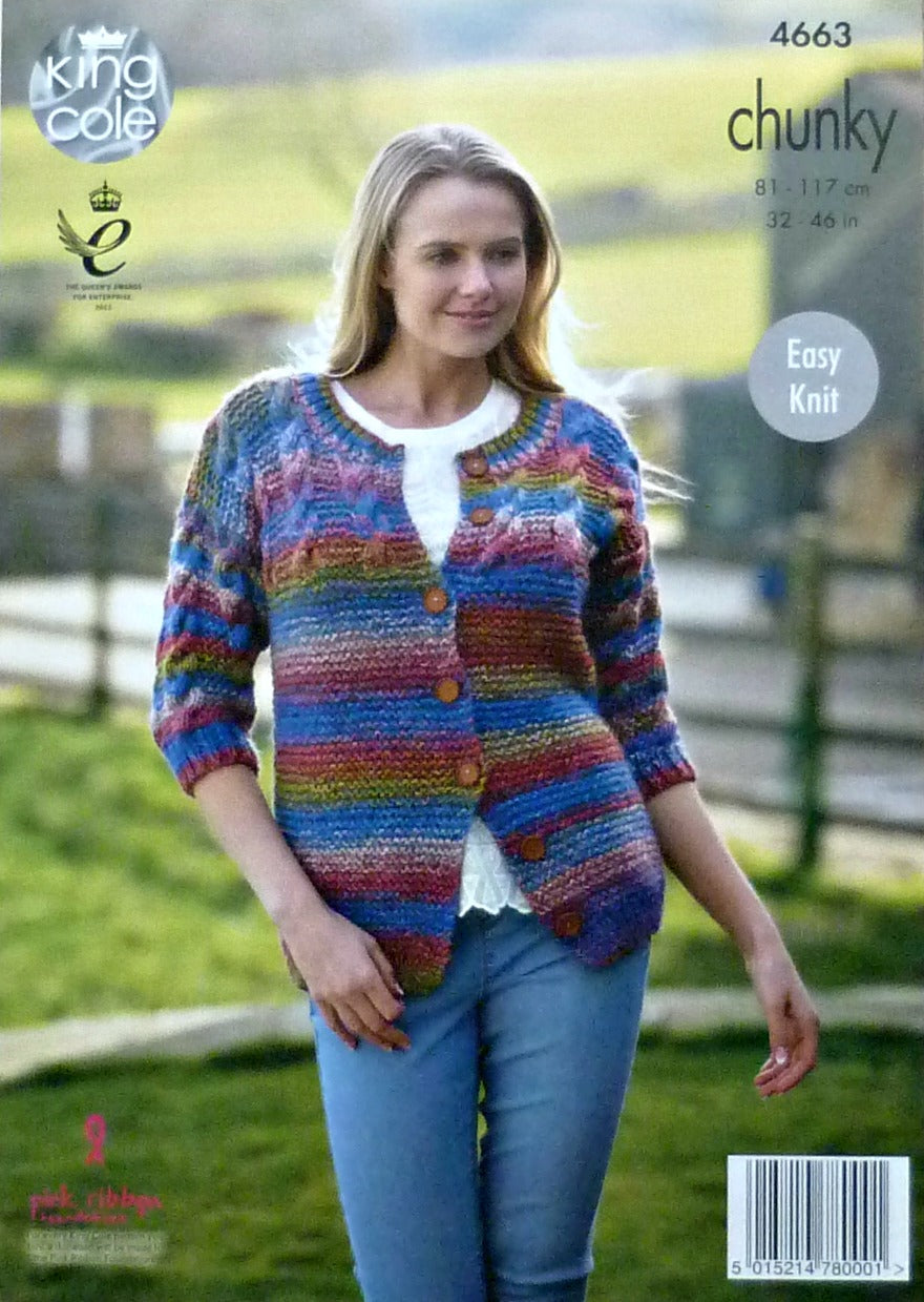 DIGITAL Knitting Pattern Ladies Easy Knit Cable Yoke Cardigan and Jumper Chunky King Cole 4663